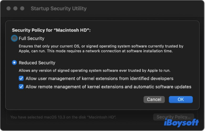 restablecer las configuraciones de seguridad de inicio de Mac con chip de silicio de Apple